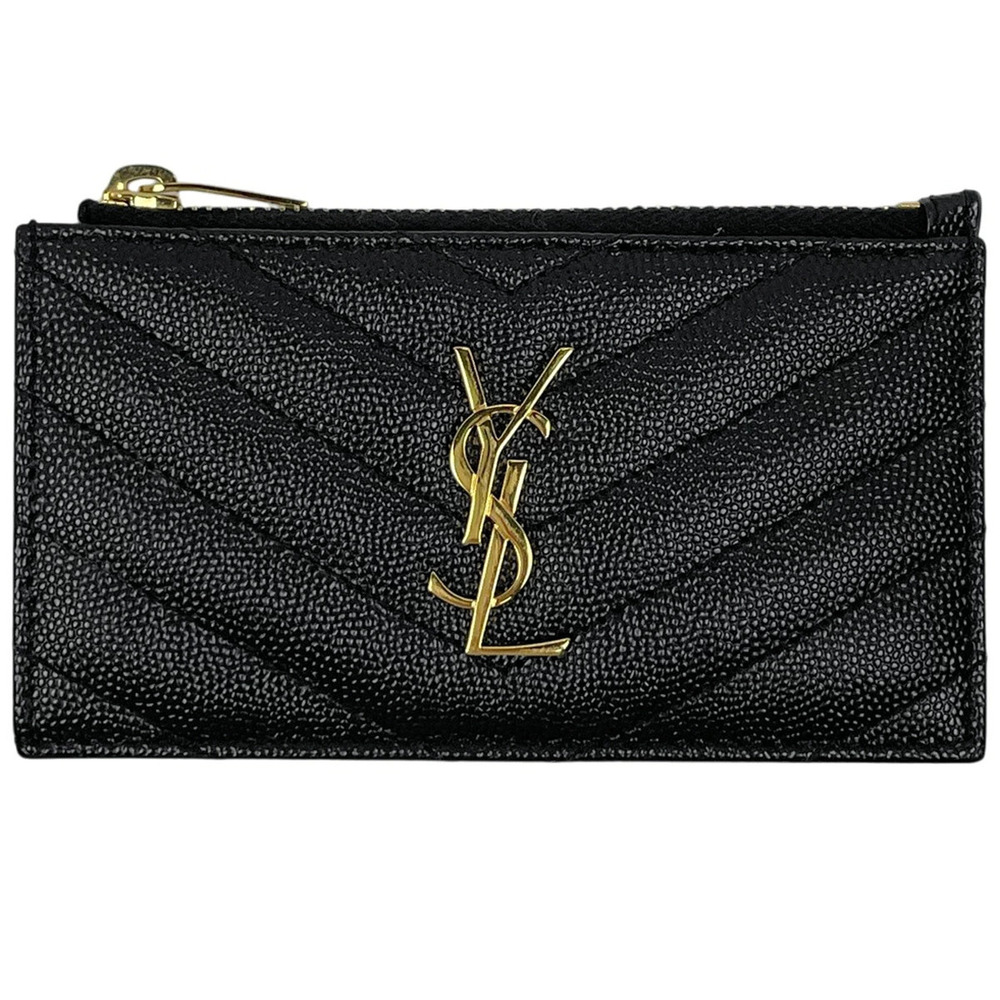 Saint Laurent Monogram Fragment Zip Card Case Wallet Leather Black